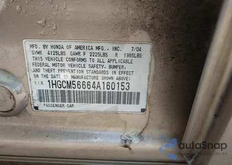 2004 Honda Accord 2.4 Ex from USA, damaged, VIN 1HGCM56664A160153